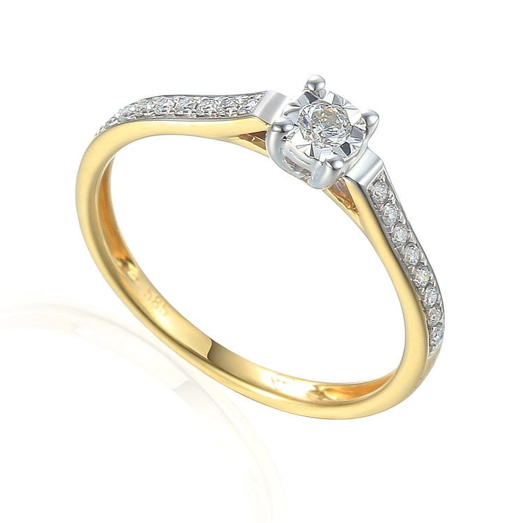 Złoty pierścionek próby 585 z diamentami 0.13 ct rozmiar 13 Amazyt