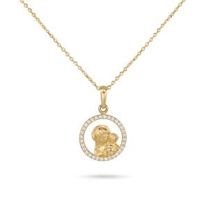 Złoty medalik Matka Boska z Dzieciątkiem i cyrkoniami