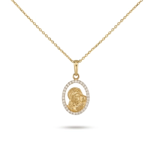 Złoty medalik Matka Boska z Dzieciątkiem i cyrkoniami