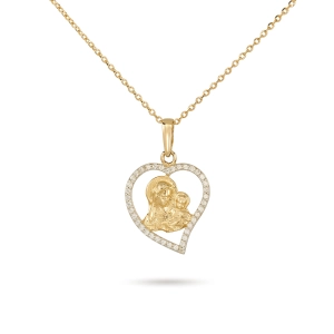 Złoty medalik Matka Boska z Dzieciątkiem w serduszku